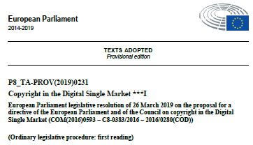 Copyright in the Digital Single Market - European Parliament legislative resolution of 26 March 2019
