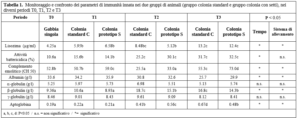 Tabella 1.  Monitoraggio e confronto dei parametri di immunità innata nei due gruppi di animali (gruppo colonia standard e gruppo colonia con setti), nei diversi periodi T0, T1, T2 e T3