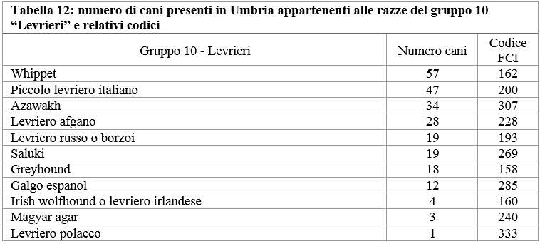 Tabella 12: numero di cani presenti in Umbria appartenenti alle razze del gruppo 10  - Levrieri - e relativi codici