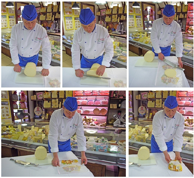 Taglio dei formaggi e il corretto posizionamento nell'incarto nel corso di una degustazione in negozio
