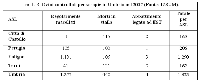 Ovini controllati per scrapie in Umbria nel 2007 (Fonte: IZSUM)