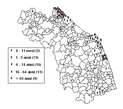 Distribuzione geografica della maggior parte degli isolati di origine umana suddivisa per Comune di residenza e per fascia di eta' 
